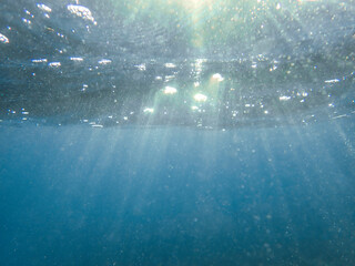 Bubbles under the sea in the crystal clear green sea water. Mediterranean bubbles. Real image very suitable for backgrounds, Rising Bubbles in Deep Underwater, Under with bubble. Great for background.