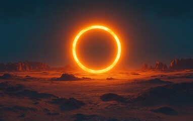 Fiery, glowing ring portal in a desolate landscape.