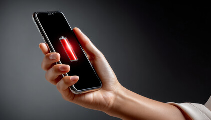 Fototapeta premium hand holding smartphone displaying low battery icon, symbolizing urgency and need for charging