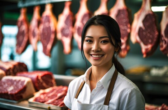 Smiling Female Butcher in Front of Meat Counters in a Professional Setting