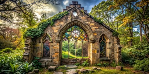 Obraz premium Abandoned stone structure with broken stained glass and overgrown vegetation, overgrowth, old church