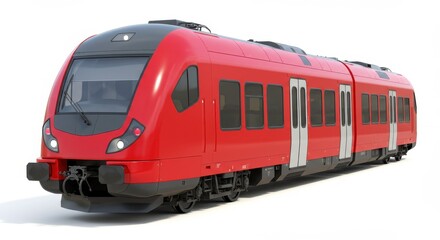 A vibrant red passenger train with black accents isolated on a white background in a studio shot