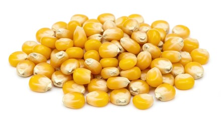Fototapeta premium Pile of yellow corn kernels scattered on a white surface in a close up studio shot view from above