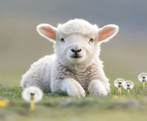 adorable lamb lying in a field of soft green grass with dandelions, gentle expression, spring meadow