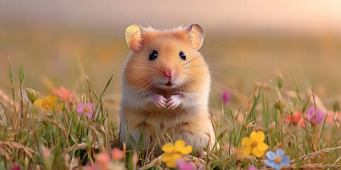 Fototapeta premium cute hamster exploring a field of tall grass with colorful flowers, adventurous spirit, meadow