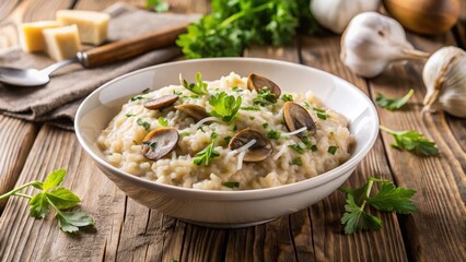 Creamy mushroom risotto served in a shallow white bowl garnished with fresh parsley and grated Parmesan cheese on a wooden table, wooden table, parsley