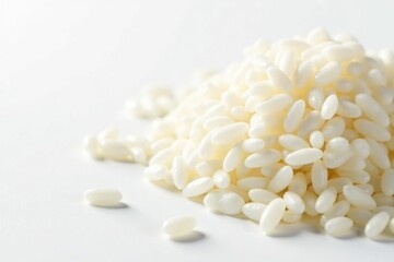 Close-up of fluffy white rice on white background, dinner, carb, bowl