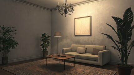 Empty Room Interior; Sofa, Table, Plants; Calm Atmosphere; Stock Photo