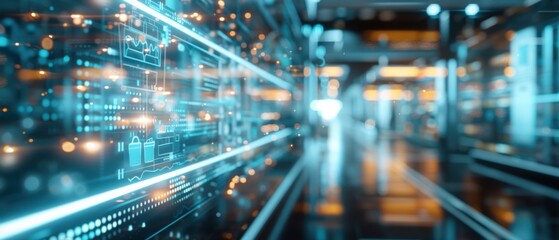 A futuristic digital environment showcasing glowing lines and data visualizations, suggesting advanced technology and innovation.