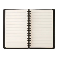 An open spiral notebook with lined pages and a black cover on a transparent background.