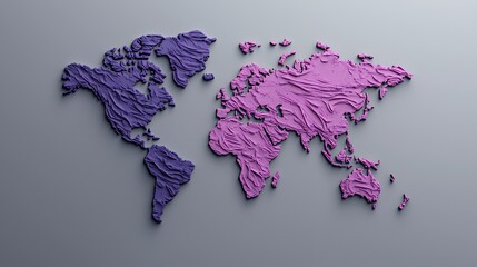 Pixelated World Map in Purple and Pink Shades on Gray Background Digital Render