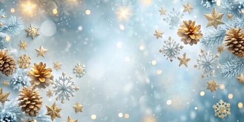 Delicate blue and gold snowflakes gently fall on a serene winter wonderland scene with a soft greyish-blue background and a few scattered pinecones , winter wonderland, gold snowflakes