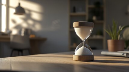 Hourglass Timer on Desk with Sunlight Streaming Through Window
