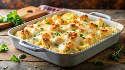 Creamy cauliflower casserole with melted cheese and golden bechamel sauce emerging from a baking dish