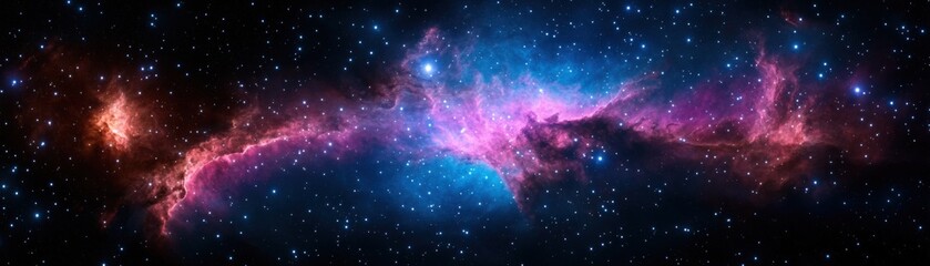 Naklejka premium A vibrant cosmic nebula filled with swirling colors of pink and blue, surrounded by countless stars, showcasing the beauty of the universe.