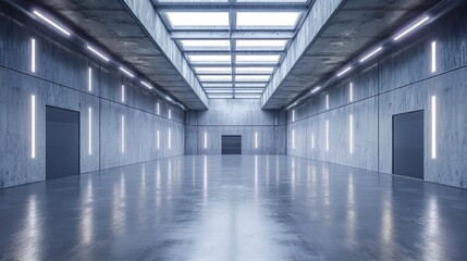 Fototapeta premium Modern concrete hall, futuristic lighting, empty space, industrial background, event venue