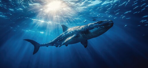 Fototapeta premium Humpback whale swimming in ocean sunlight underwater marine life
