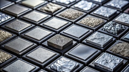 Dark surface with raw lithium samples arranged in a grid, showcasing their metallic luster and varying shades of gray, geology, scientific specimens