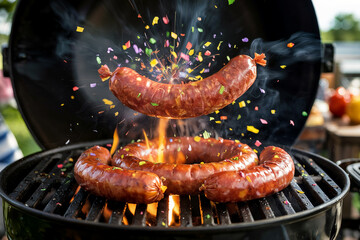 National Grilling Month Celebration with Sausage on Grill and Confetti