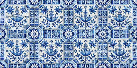 Delft Blue Seamless Pattern with Vintage Dutch Tile Decor, dutch ceramic, tile pattern