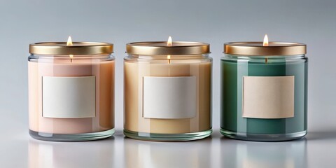 A customizable candle mockup with a unique label on the side, showcasing different colors and fonts to represent various product branding options , product, mockup