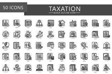 Taxation black outline icons set. Contain billing, tax, allocation, report, form, earning, deadline, document, notice, alert and more. Vector for finance, economy UI, UX kit, web and app development