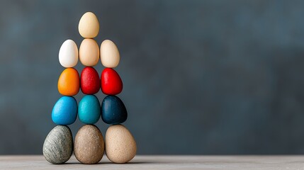 Pyramid of Multi Colored Eggs on Light Surface with Dark Blue Mottled Background