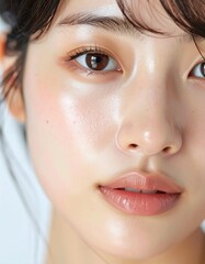 日本人, 超リアル, 美しい, 若い女性, 顔, クローズアップ, 欠点のない肌, 輝く肌質, ナチュラルメイク, 柔らかなライティング, 美容CM風, シネマティック, カメラ目線, 高解像度,Japanese, ultra-realistic, beautiful, young woman, face, close-up, flawless skin, glowing complexion