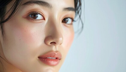 日本人, 超リアル, 美しい, 若い女性, 顔, クローズアップ, 欠点のない肌, 輝く肌質, ナチュラルメイク, 柔らかなライティング, 美容CM風, シネマティック, カメラ目線, 高解像度,Japanese, ultra-realistic, beautiful, young woman, face, close-up, flawless skin, glowing complexion