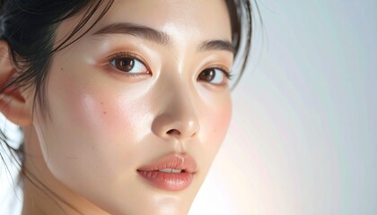 Fototapeta premium 日本人, 超リアル, 美しい, 若い女性, 顔, クローズアップ, 欠点のない肌, 輝く肌質, ナチュラルメイク, 柔らかなライティング, 美容CM風, シネマティック, カメラ目線, 高解像度,Japanese, ultra-realistic, beautiful, young woman, face, close-up, flawless skin, glowing complexion