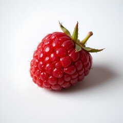 Close-up of a Single Ripe Raspberry, Vibrant Red Berry on White Background, Detailed Macro Photography of Fresh Fruit