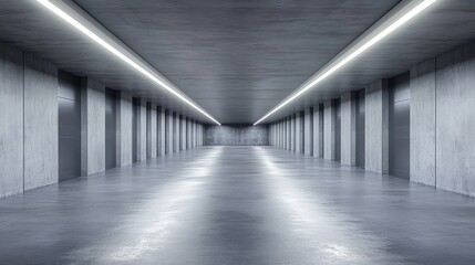 Obraz premium Modern concrete hallway, glowing lights, storage, architecture