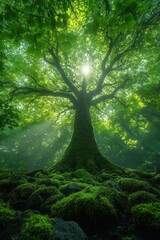 Fototapeta premium Majestic Forest Tree with Sunlight Rays.