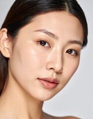 Fototapeta premium 日本人, 超リアル, 美しい, 若い女性, 顔, クローズアップ, 欠点のない肌, 輝く肌質, ナチュラルメイク, 柔らかなライティング, 美容CM風, シネマティック, カメラ目線, 高解像度,Japanese, ultra-realistic, beautiful, young woman, face, close-up, flawless skin, glowing complexion