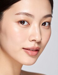 Obraz premium 日本人, 超リアル, 美しい, 若い女性, 顔, クローズアップ, 欠点のない肌, 輝く肌質, ナチュラルメイク, 柔らかなライティング, 美容CM風, シネマティック, カメラ目線, 高解像度,Japanese, ultra-realistic, beautiful, young woman, face, close-up, flawless skin, glowing complexion