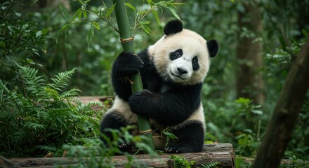 Obraz premium Cute Panda climbing bamboo tree in lush green forest, playful and adorable wildlife animal