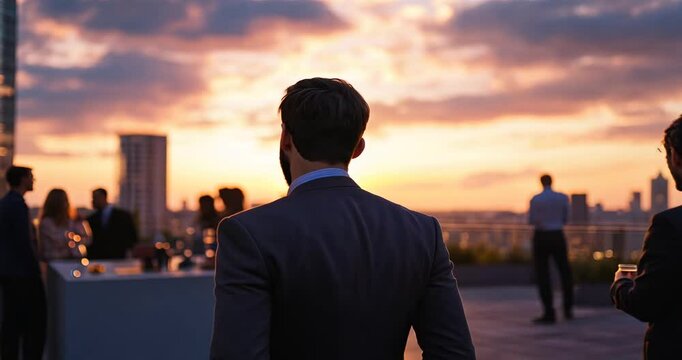 Elegant evening rooftop gathering with people enjoying drinks against a sunset backdrop