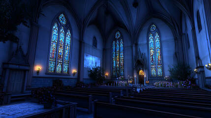 Fototapeta premium Serene twilight ambiance in a majestic Gothic church. Stained glass windows illuminate the pews, creating a peaceful, spiritual atmosphere.