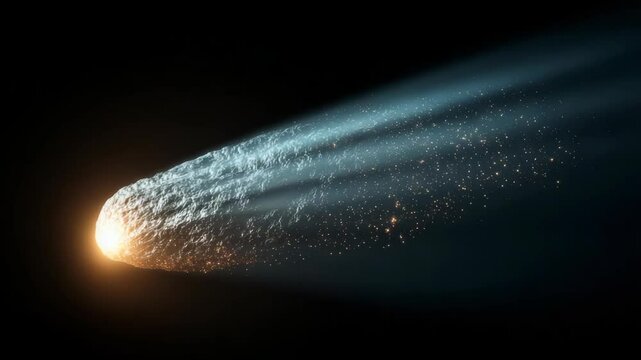 Bright comet soars through dark space, leaving glowing trail of cosmic dust and atmospheric gases at high velocity towards Earth.