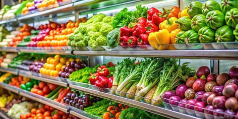 Obraz premium Fresh organic vegetables displayed on a glass shelf in a well-lit supermarket display case with vibrant colors and varied textures, arranged, fruits