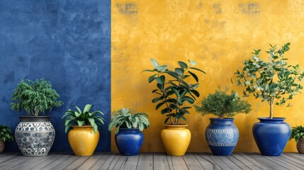 Colorful potted plants on vibrant wall