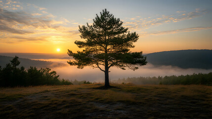 Fototapeta premium Serene sunrise over misty valley, single pine tree silhouetted against vibrant sky. Peaceful landscape photography.