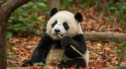 Obraz premium Cute panda cub sitting on the forest floor with bamboo leaves, adorable and playful wildlife moment outdoors
