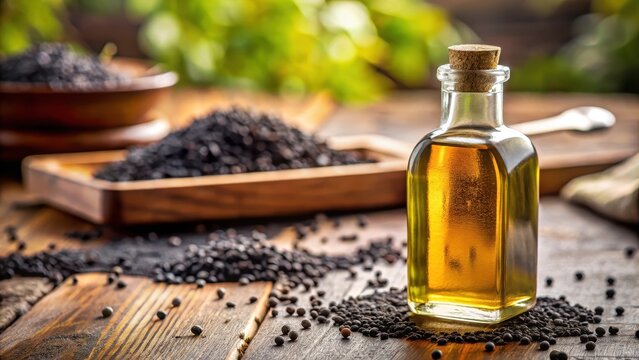 Close-up of black cumin oil bottle on table with selective focus, kitchen table
