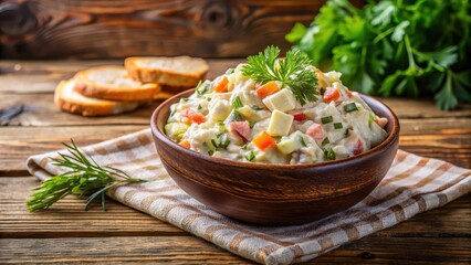 Close-up of traditional Soviet Olivier salad on a rustic village table, village food, village table