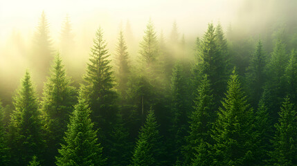 Fototapeta premium Misty sunrise illuminates a dense evergreen forest, showcasing tall spruce trees bathed in golden light. The serene atmosphere evokes tranquility and the beauty of nature.