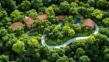 Aerial view of a luxurious home surrounded by lush greenery, featuring a winding path, swimming pool, and beautifully landscaped gardens.