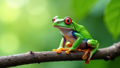 Green tree frog perched on white, vibrant color , green frog, nature photography
