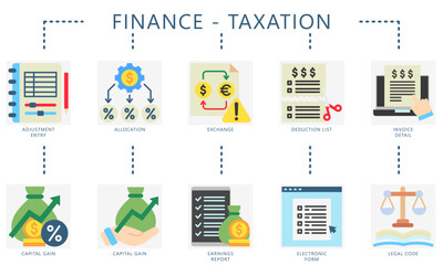Taxation flat color icons set. Contain adjustment entry, gain, allocation, deduction, exchange, earning, report, invoice, and more. Vector for UI, UX kit, digital, print, web and app development.