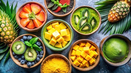 Tiny bowls of nutrient-rich superfood powders like turmeric, matcha, and spirulina topped with sliced fresh tropical fruits like pineapple, mango, and kiwi, matcha powder, spirulina powder
